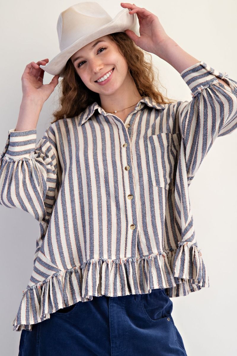 Easel 3/4 SLVS STRIPE LINEN SHIRT - The Bronze Butterfly