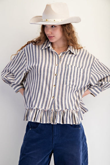 Easel 3/4 SLVS STRIPE LINEN SHIRT - The Bronze Butterfly