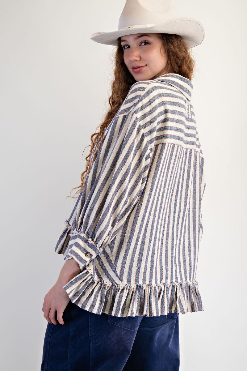 Easel 3/4 SLVS STRIPE LINEN SHIRT - The Bronze Butterfly