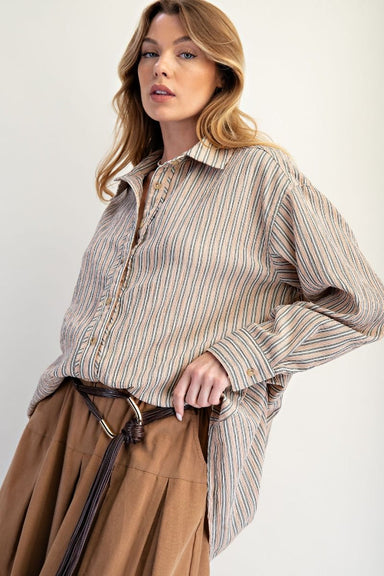 Easel Vertical Stripe Oversized Button Down Collared Long Sleeve Shirt - The Bronze Butterfly