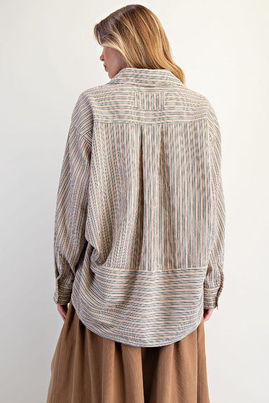 Easel Vertical Stripe Oversized Button Down Collared Long Sleeve Shirt - The Bronze Butterfly