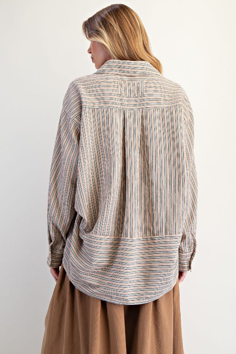 Easel Vertical Stripe Oversized Button Down Collared Long Sleeve Shirt - The Bronze Butterfly