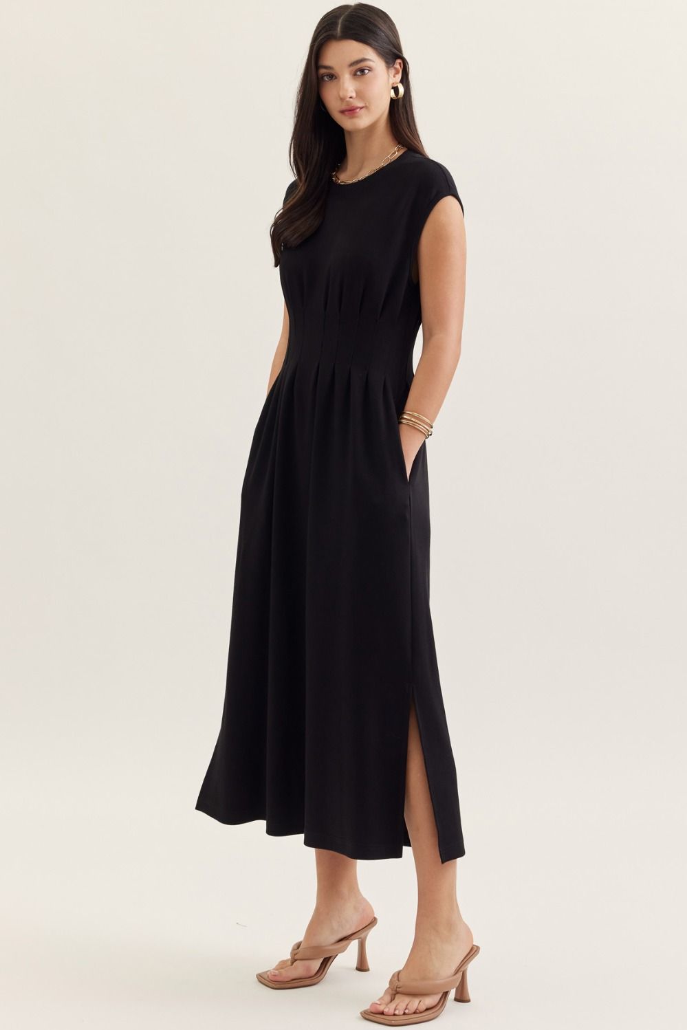 Entro Solid Cap Sleeve Midi Dress - The Bronze Butterfly