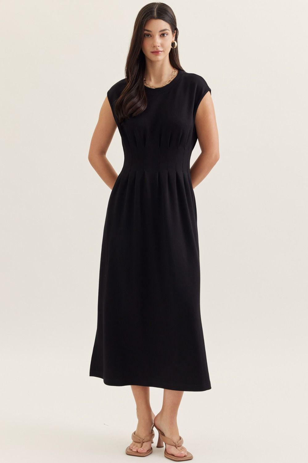 Entro Solid Cap Sleeve Midi Dress - The Bronze Butterfly
