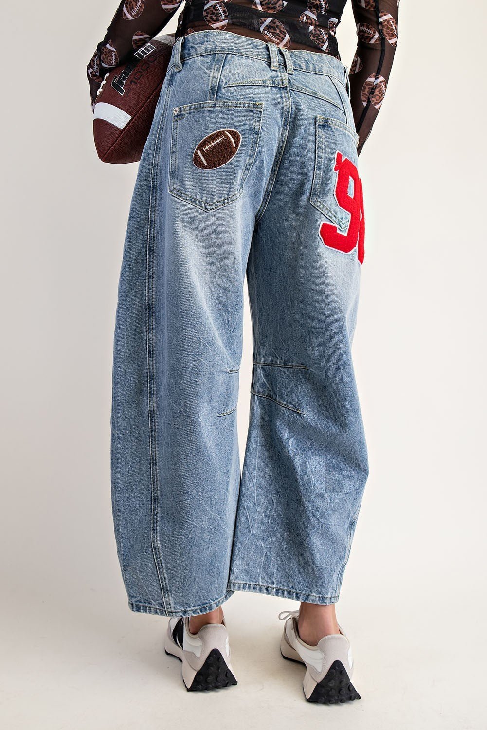 Football Patch Back Pockets Barrel Jeans - The Bronze Butterfly
