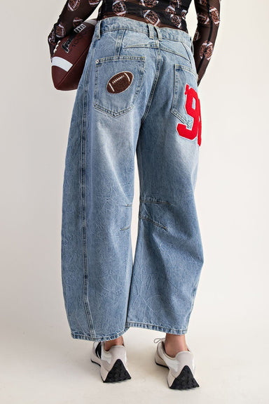 Football Patch Back Pockets Barrel Jeans - The Bronze Butterfly