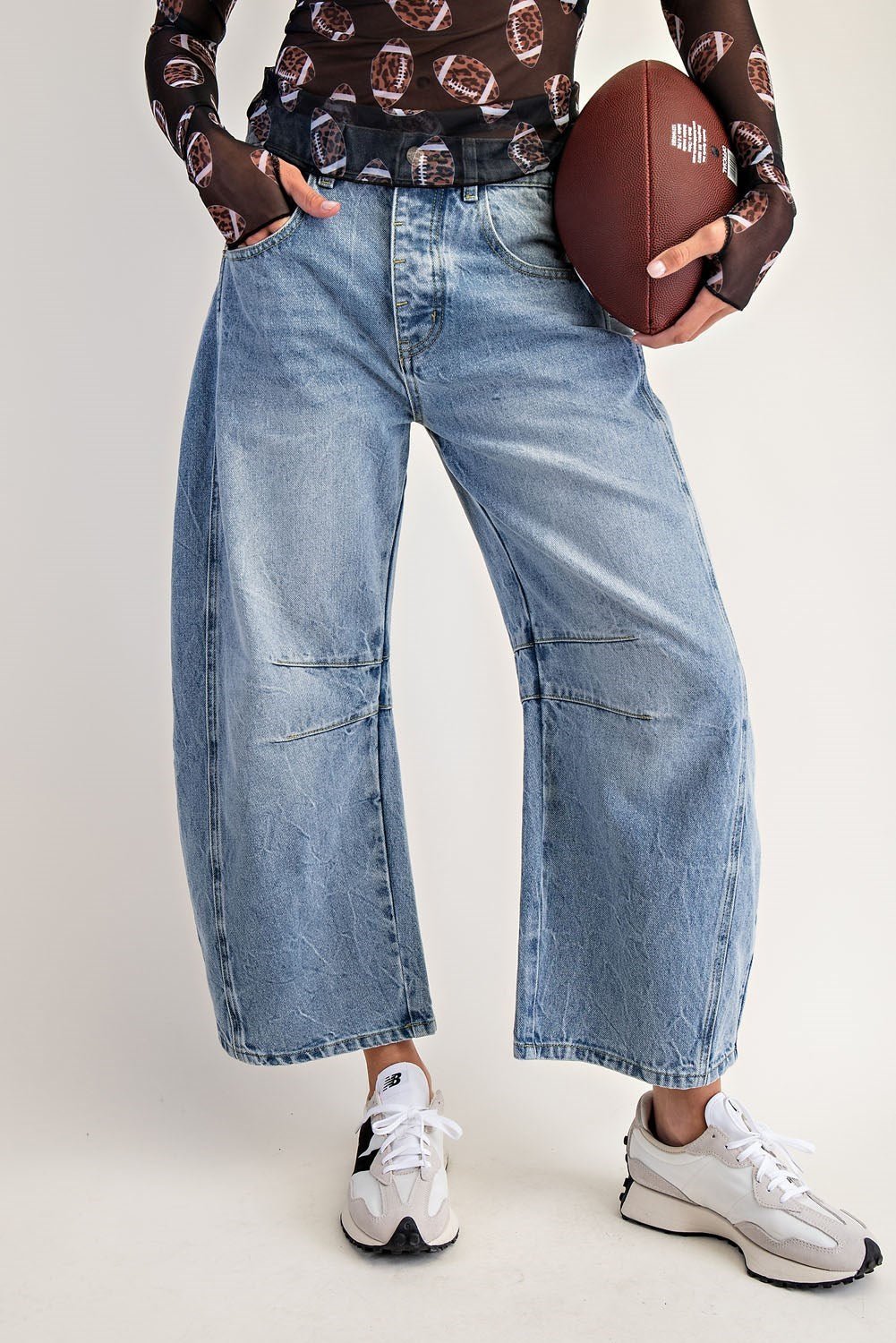 Football Patch Back Pockets Barrel Jeans - The Bronze Butterfly