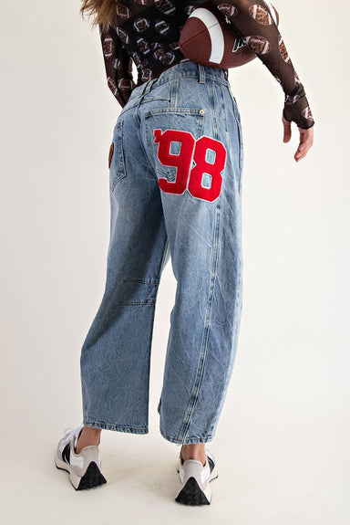 Football Patch Back Pockets Barrel Jeans - The Bronze Butterfly