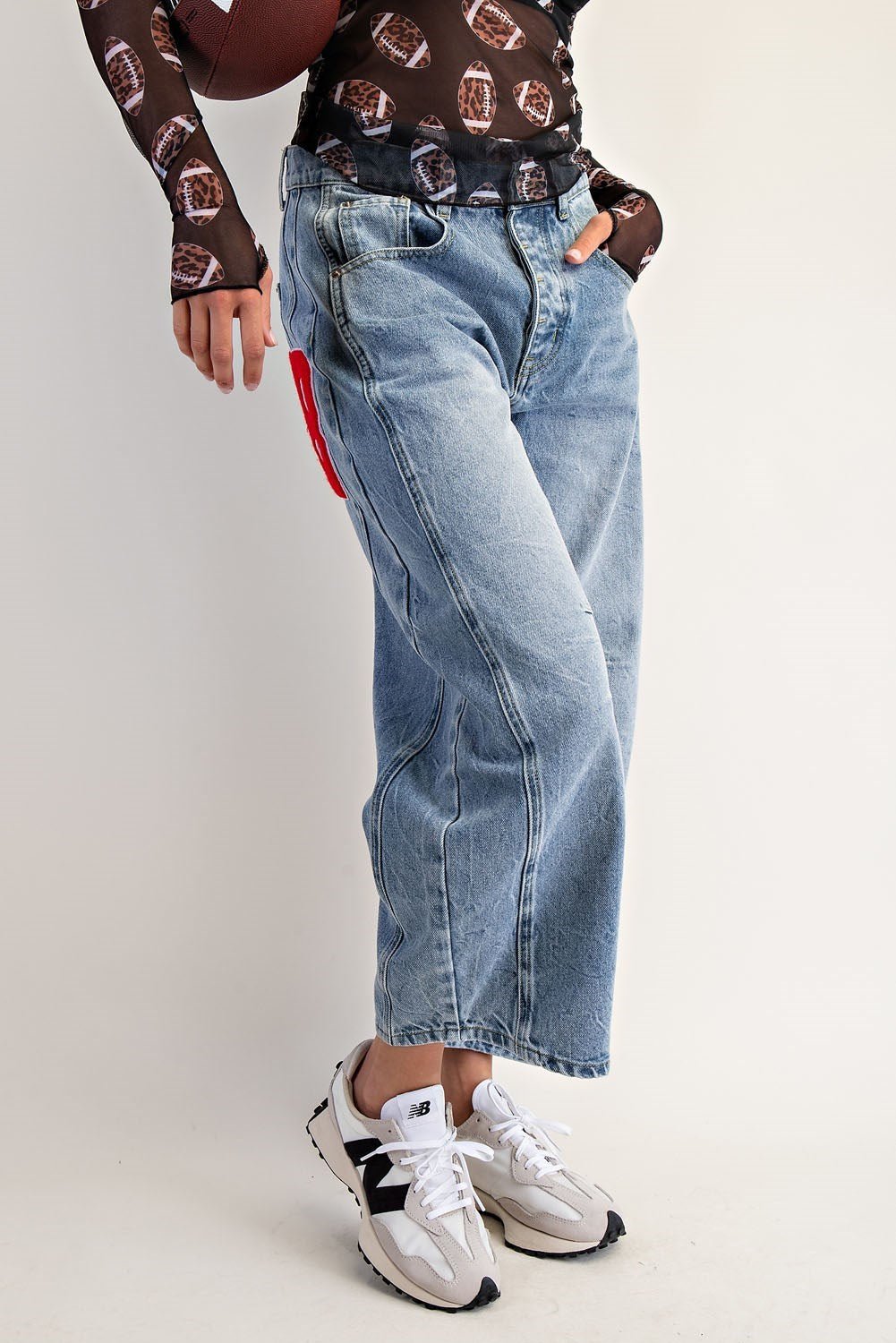 Football Patch Back Pockets Barrel Jeans - The Bronze Butterfly