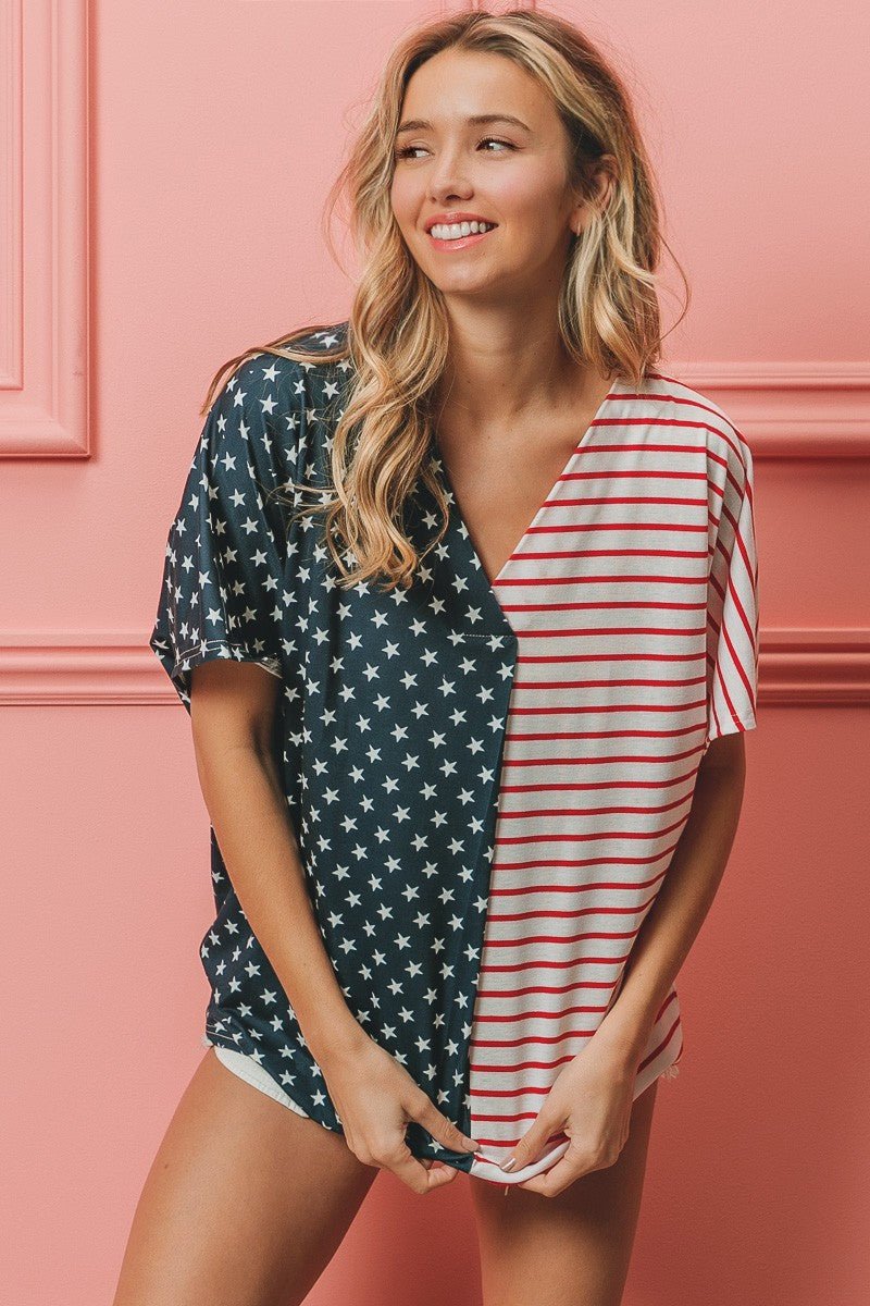 Fourth of July Block V Neck Top - The Bronze Butterfly