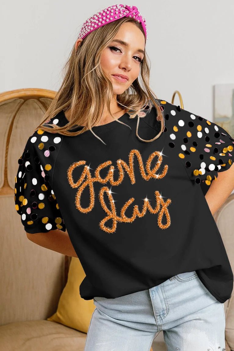 Game Day Metallic Letter Spangle Sleeve - The Bronze Butterfly