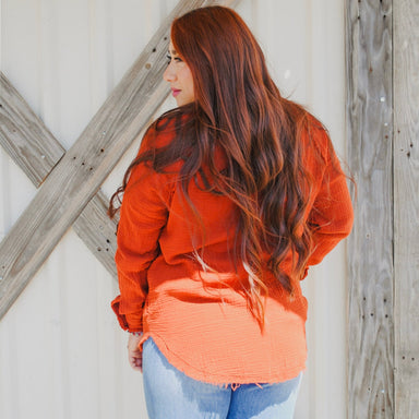 Gauzed Button Down Raw Edge Long Sleeve Shirt - The Bronze Butterfly