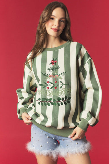 Green Striped Christmas Tree Embroidered Sweatshirt - The Bronze Butterfly