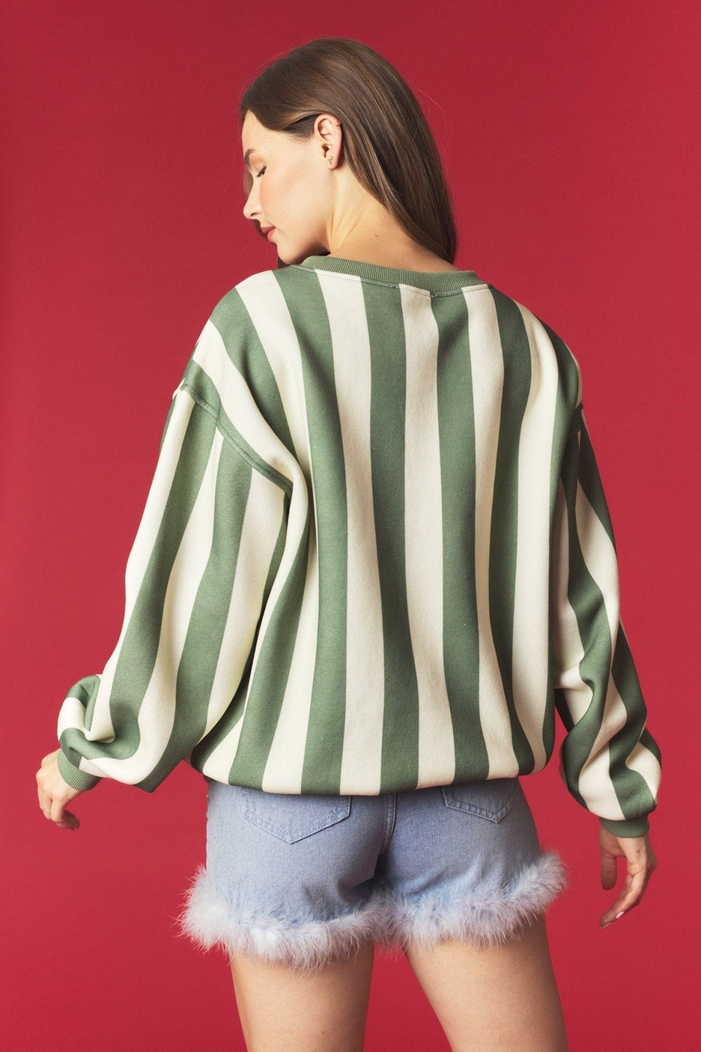 Green Striped Christmas Tree Embroidered Sweatshirt - The Bronze Butterfly
