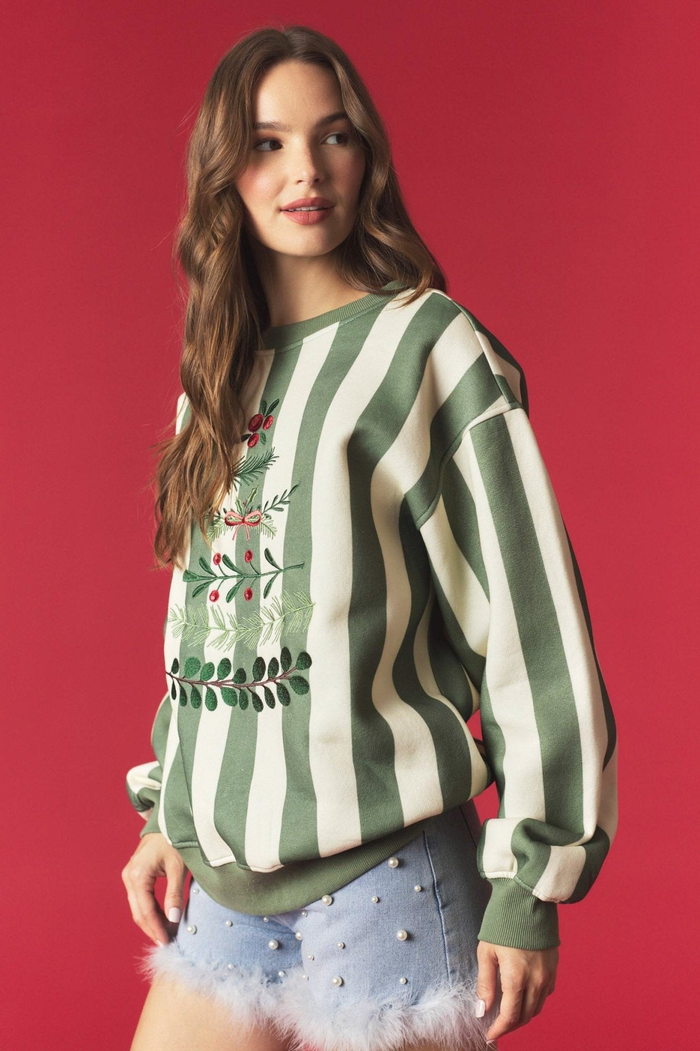 Green Striped Christmas Tree Embroidered Sweatshirt - The Bronze Butterfly