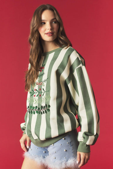 Green Striped Christmas Tree Embroidered Sweatshirt - The Bronze Butterfly