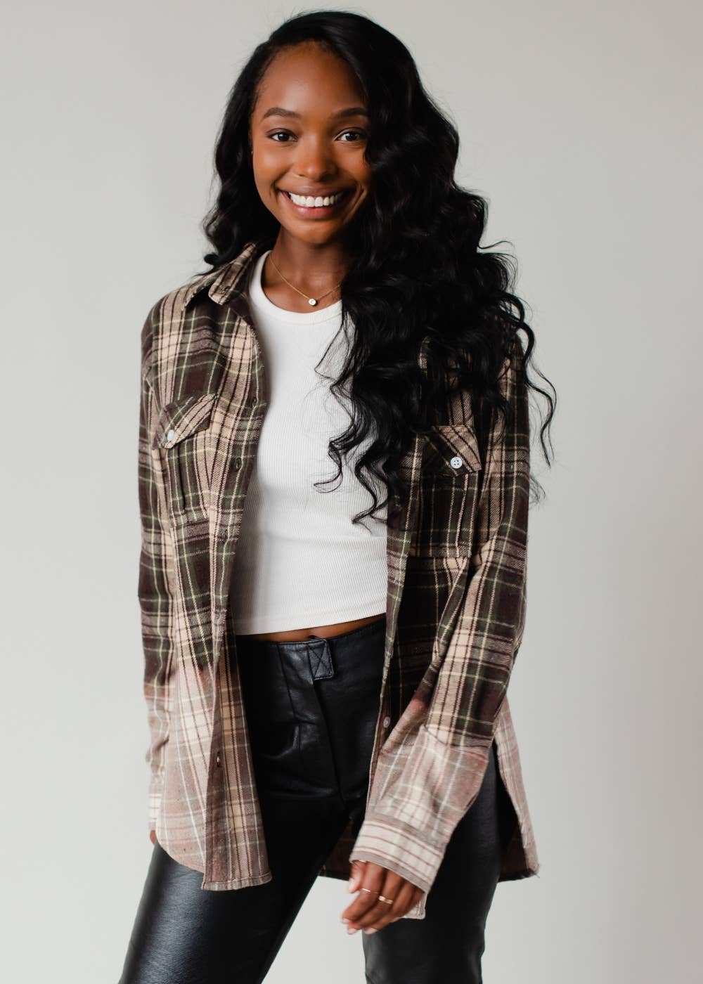 Green, Tan & Black Plaid Flannel - The Bronze Butterfly