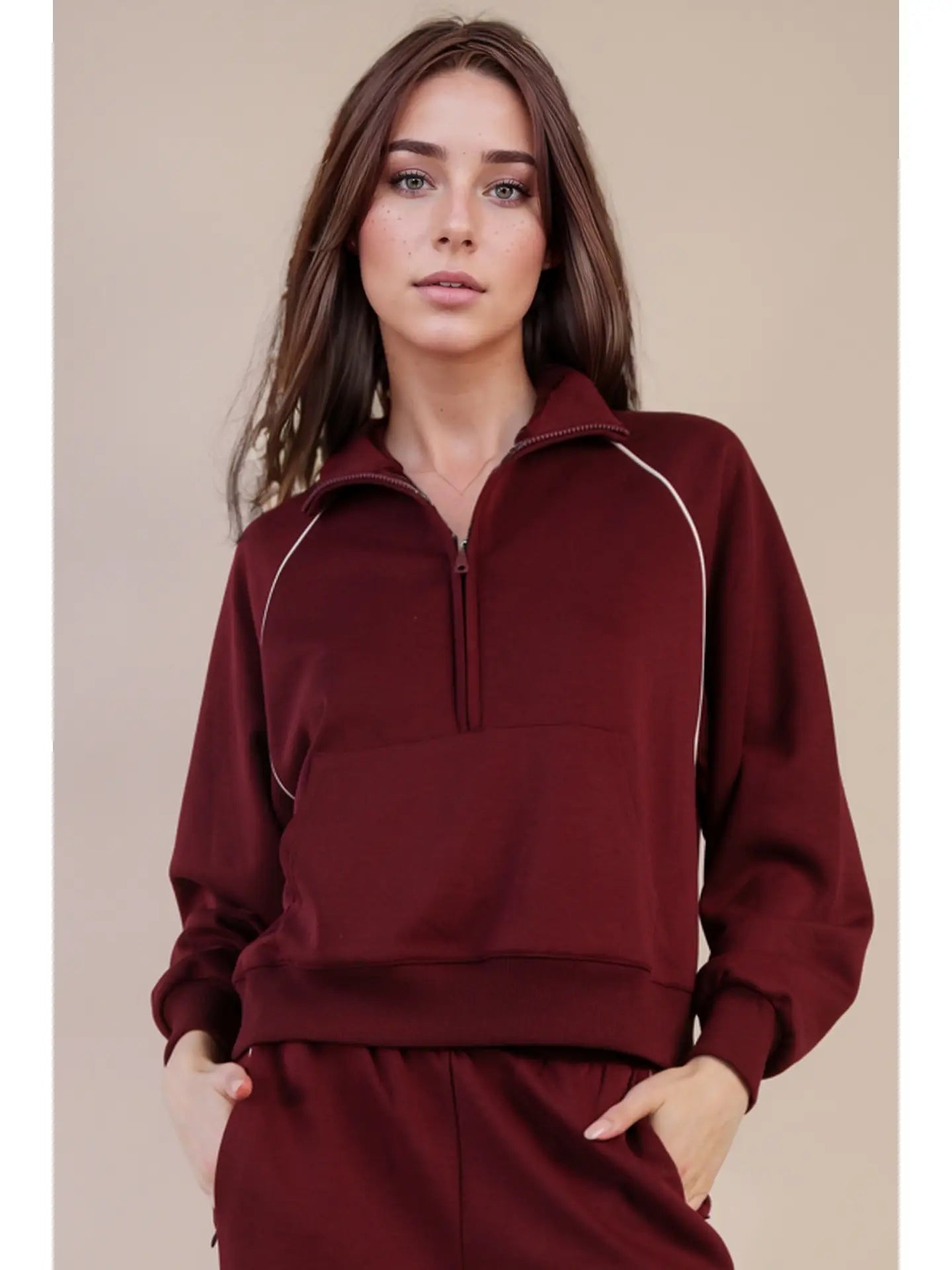 Half Zip Up Piping Detail Knit Casual Top - The Bronze Butterfly