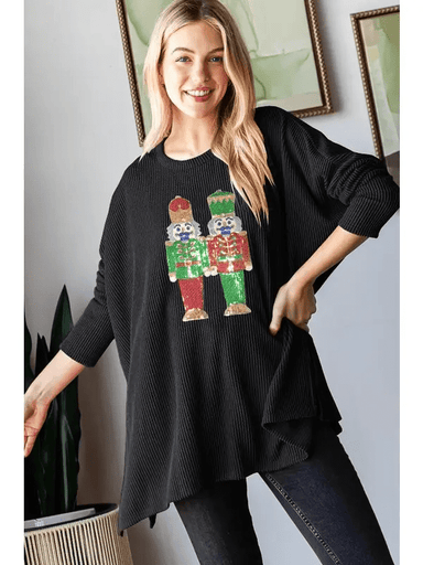 Heimish Sequin Nutcracker Long Sleeve Ribbed Top - The Bronze Butterfly