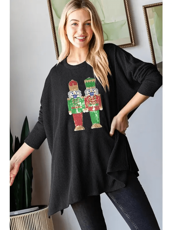 Heimish Sequin Nutcracker Long Sleeve Ribbed Top - The Bronze Butterfly