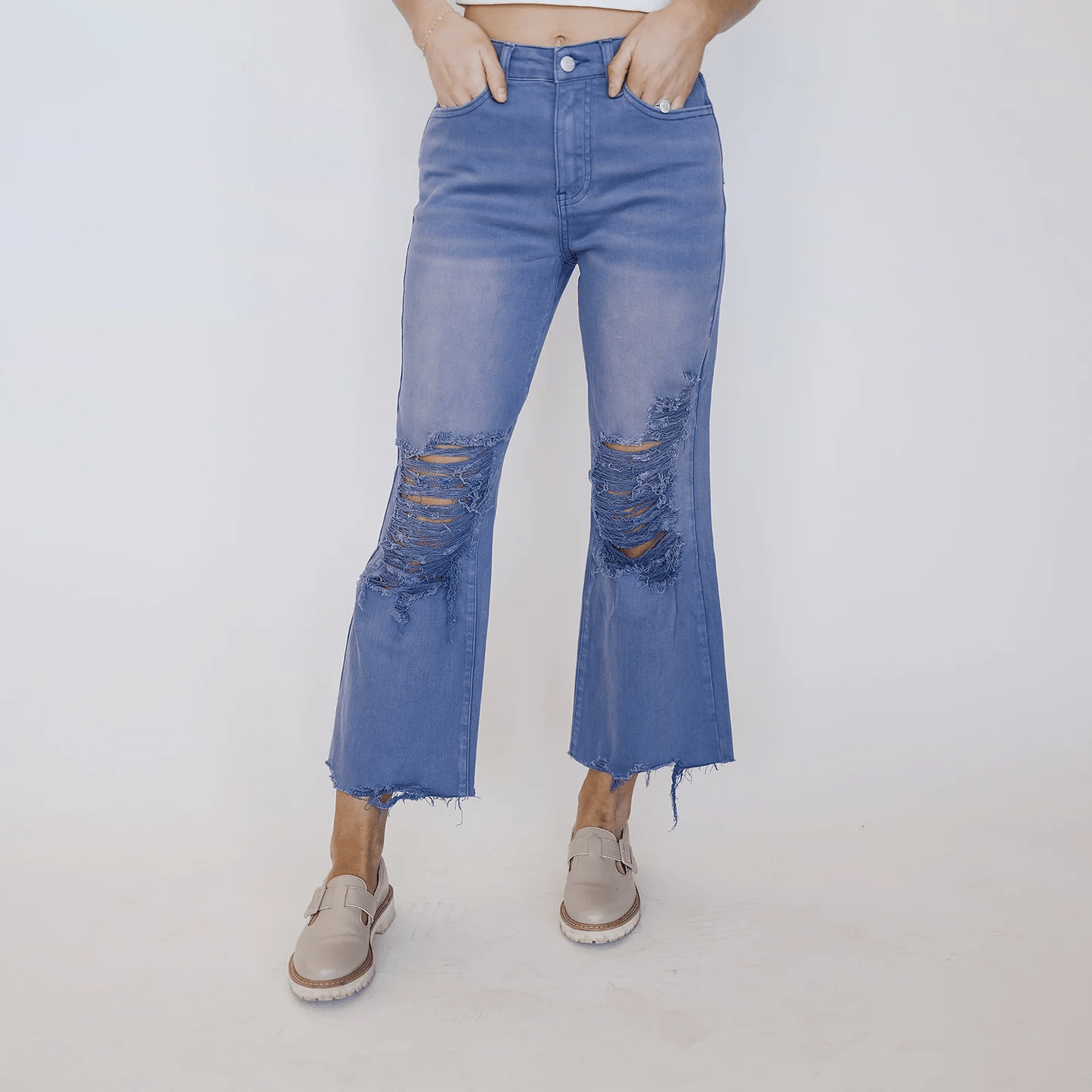 Hi - Rise Distressed Garment - Dyed Cropped Wide Leg Jean - The Bronze Butterfly