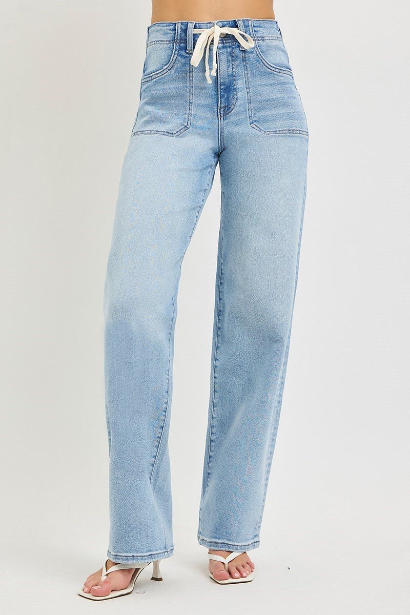 High Rise Wide Baggy Jeans with Waistband Tie | Risen - The Bronze Butterfly