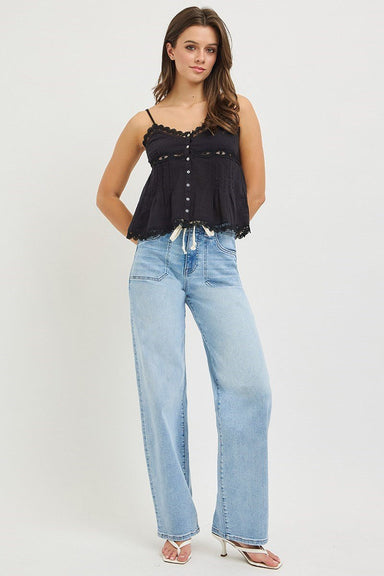 High Rise Wide Baggy Jeans with Waistband Tie | Risen - The Bronze Butterfly