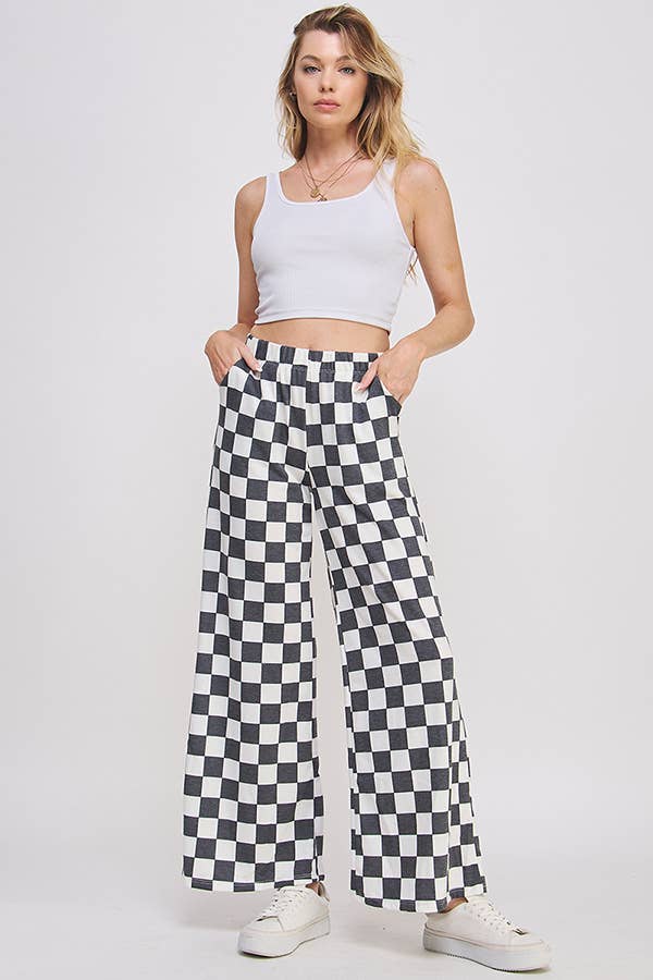 HIGH WAIST CHECKERED STRAIGHT LEG KNIT PANTS - The Bronze Butterfly