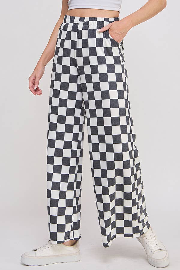 HIGH WAIST CHECKERED STRAIGHT LEG KNIT PANTS - The Bronze Butterfly