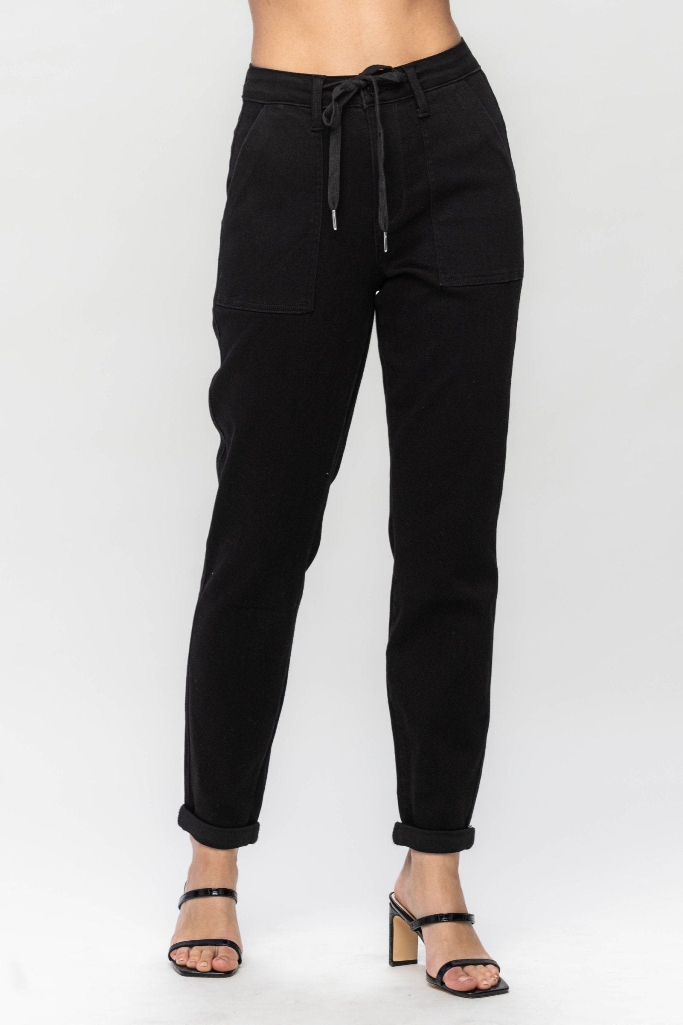 HIGH WAIST JET BLACK DOUBLE ROLL CUFF JOGGER - The Bronze Butterfly