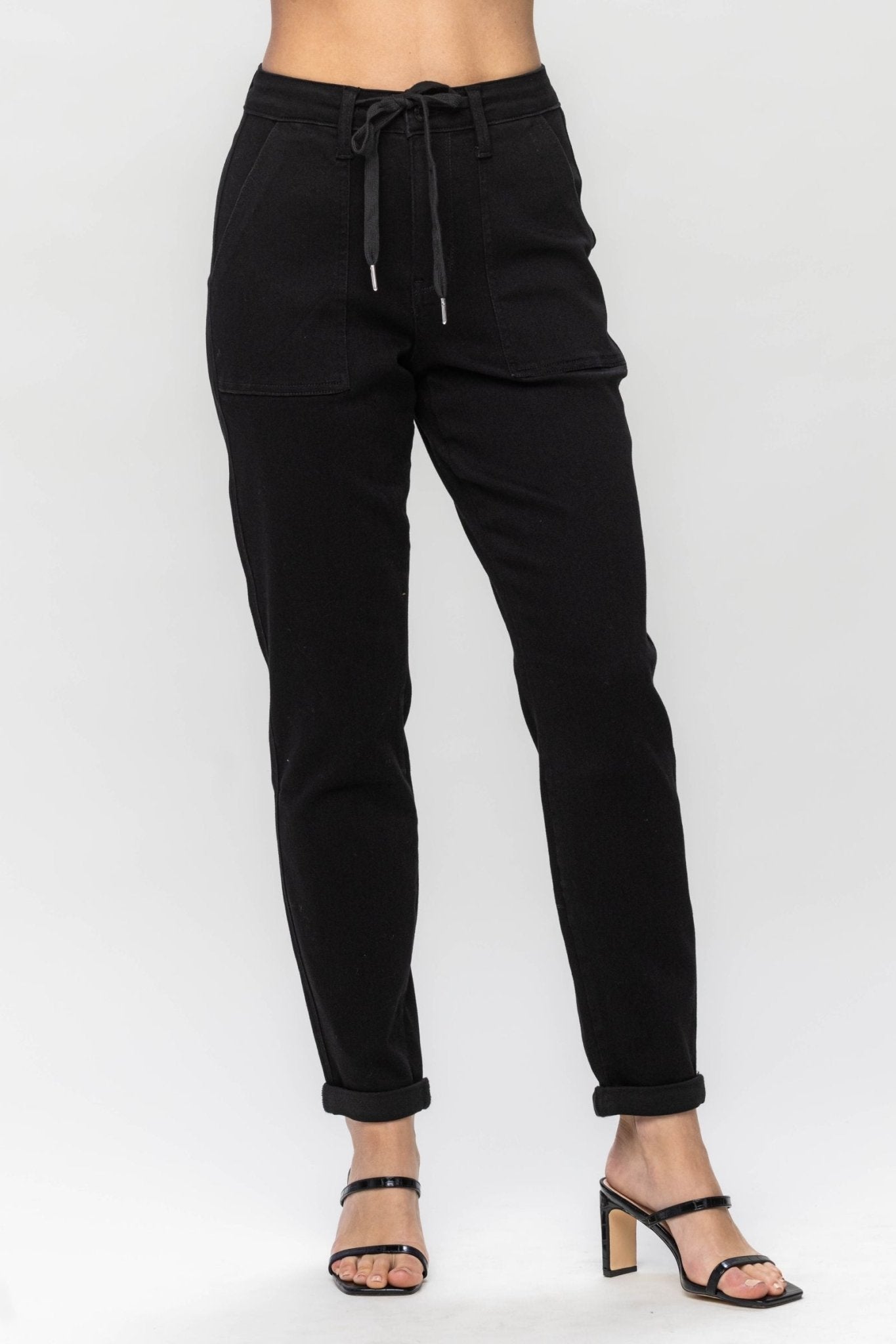 HIGH WAIST JET BLACK DOUBLE ROLL CUFF JOGGER - The Bronze Butterfly