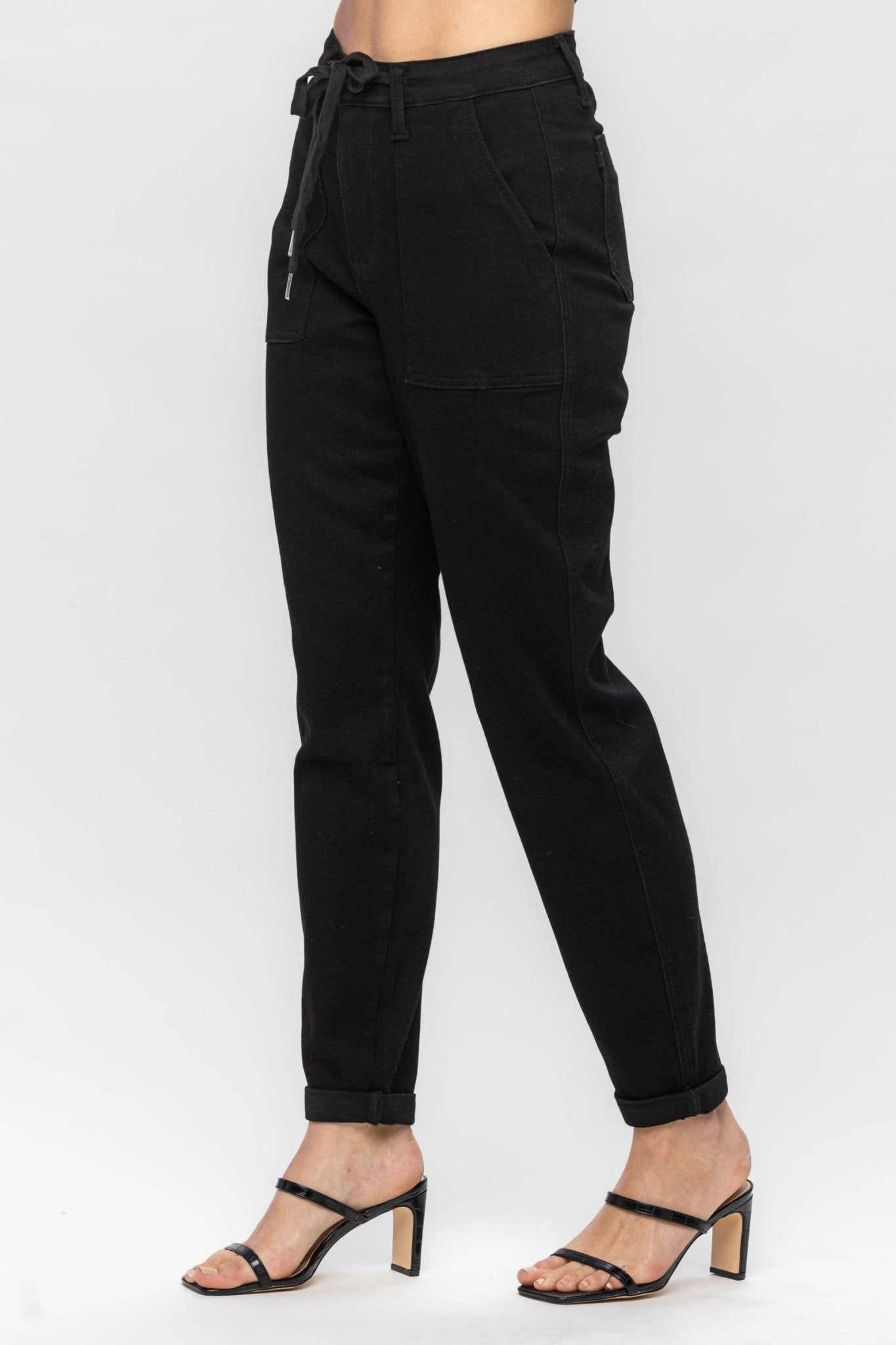 HIGH WAIST JET BLACK DOUBLE ROLL CUFF JOGGER - The Bronze Butterfly