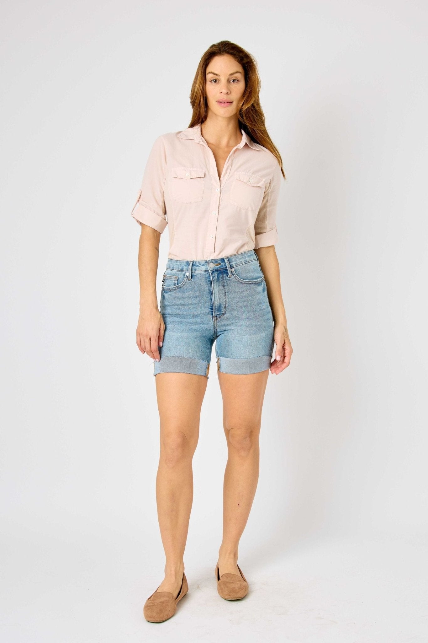 HIGH WAIST TUMMY CONTROL COOL DENIM SHORTS - The Bronze Butterfly