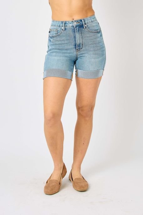 HIGH WAIST TUMMY CONTROL COOL DENIM SHORTS Plus Size - The Bronze Butterfly