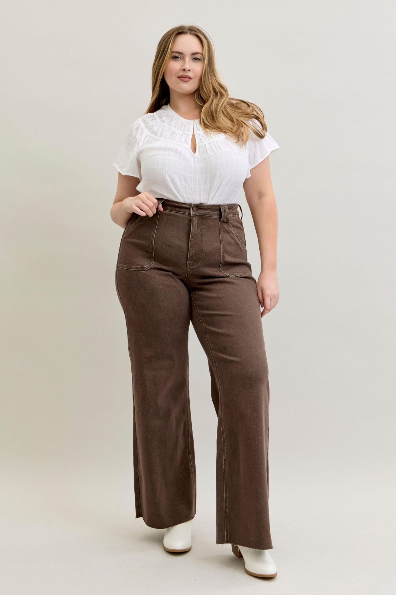 High Waisted Wide Leg Front Patch Pocket Judy Blue Plus Size - The Bronze Butterfly