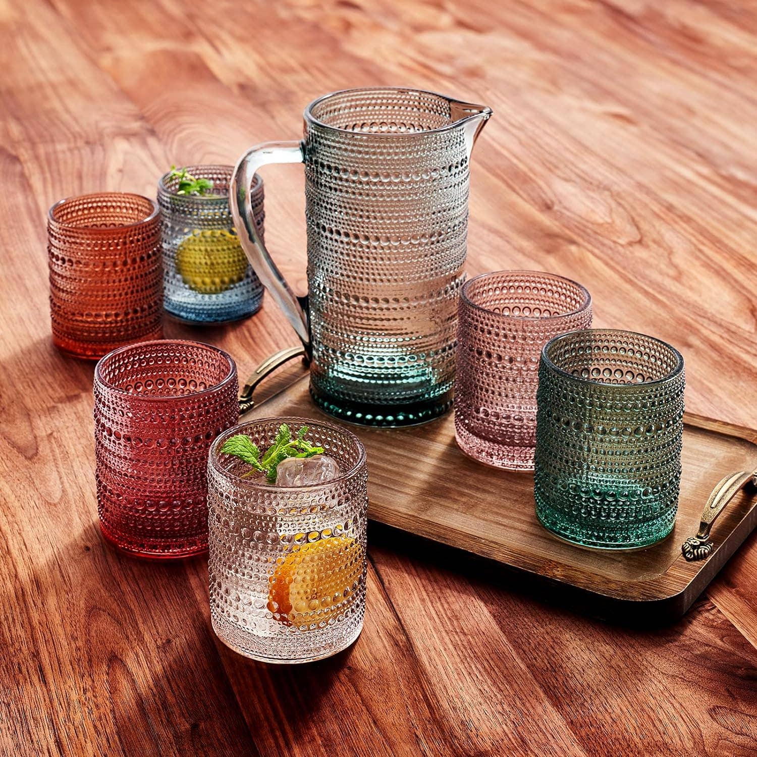 Hobnail Beaded Pitcher & Tumbler Glasses Set - The Bronze Butterfly
