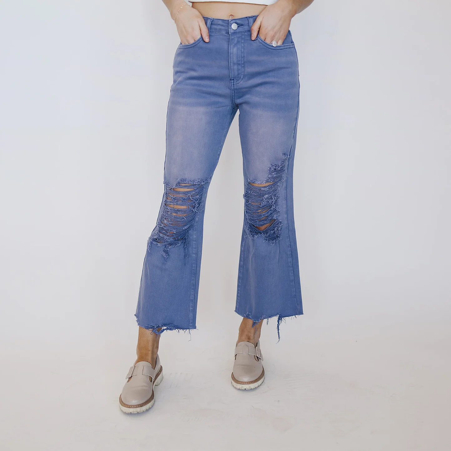 Hi-Rise Distressed Garment-Dyed Cropped Wide Leg Jean