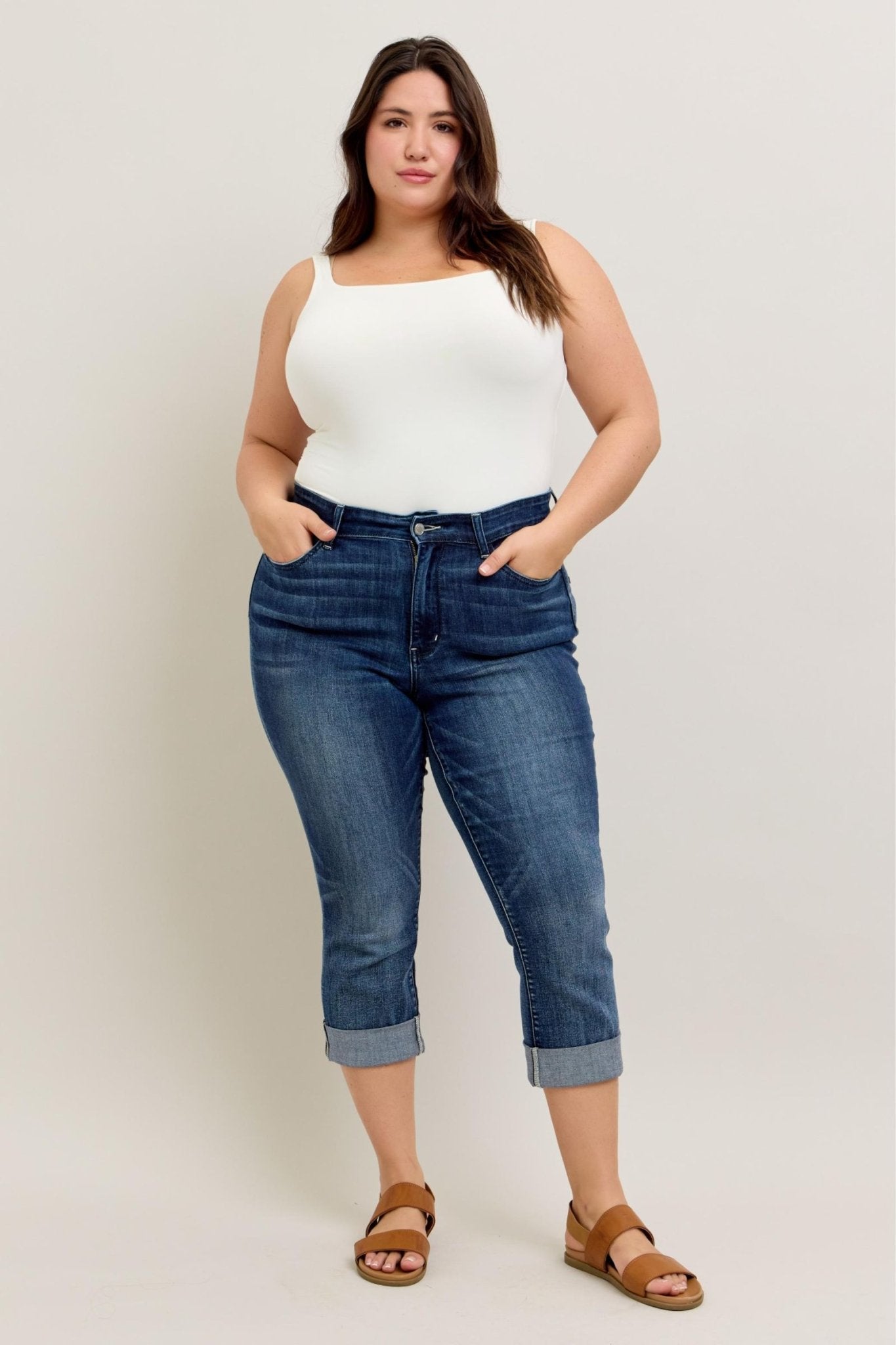 Judy Blue Dark Wash Cuffed Capri Plus Size - The Bronze Butterfly