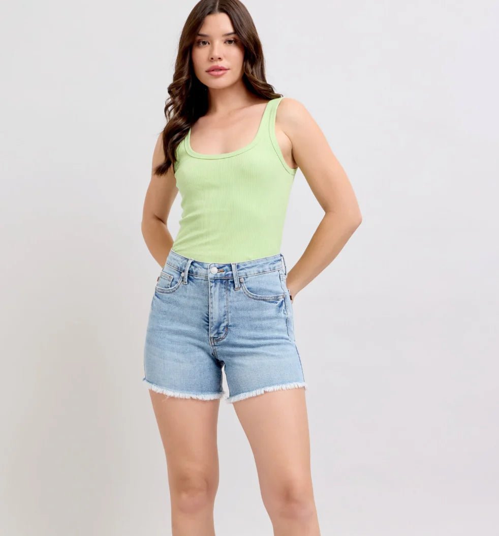 Judy Blue HW Tummy Control Light Destroy And Fray Hem Shorts Plus Size - The Bronze Butterfly