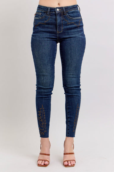 Judy Blue Mid Rise Western Embroidery Detail Skinny Jeans - The Bronze Butterfly