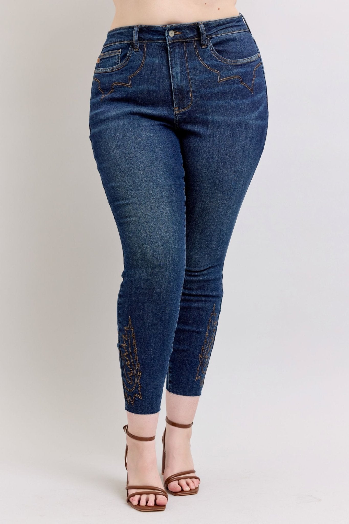 Judy Blue Mid Rise Western Embroidery Detail Skinny Jeans Plus Size - The Bronze Butterfly