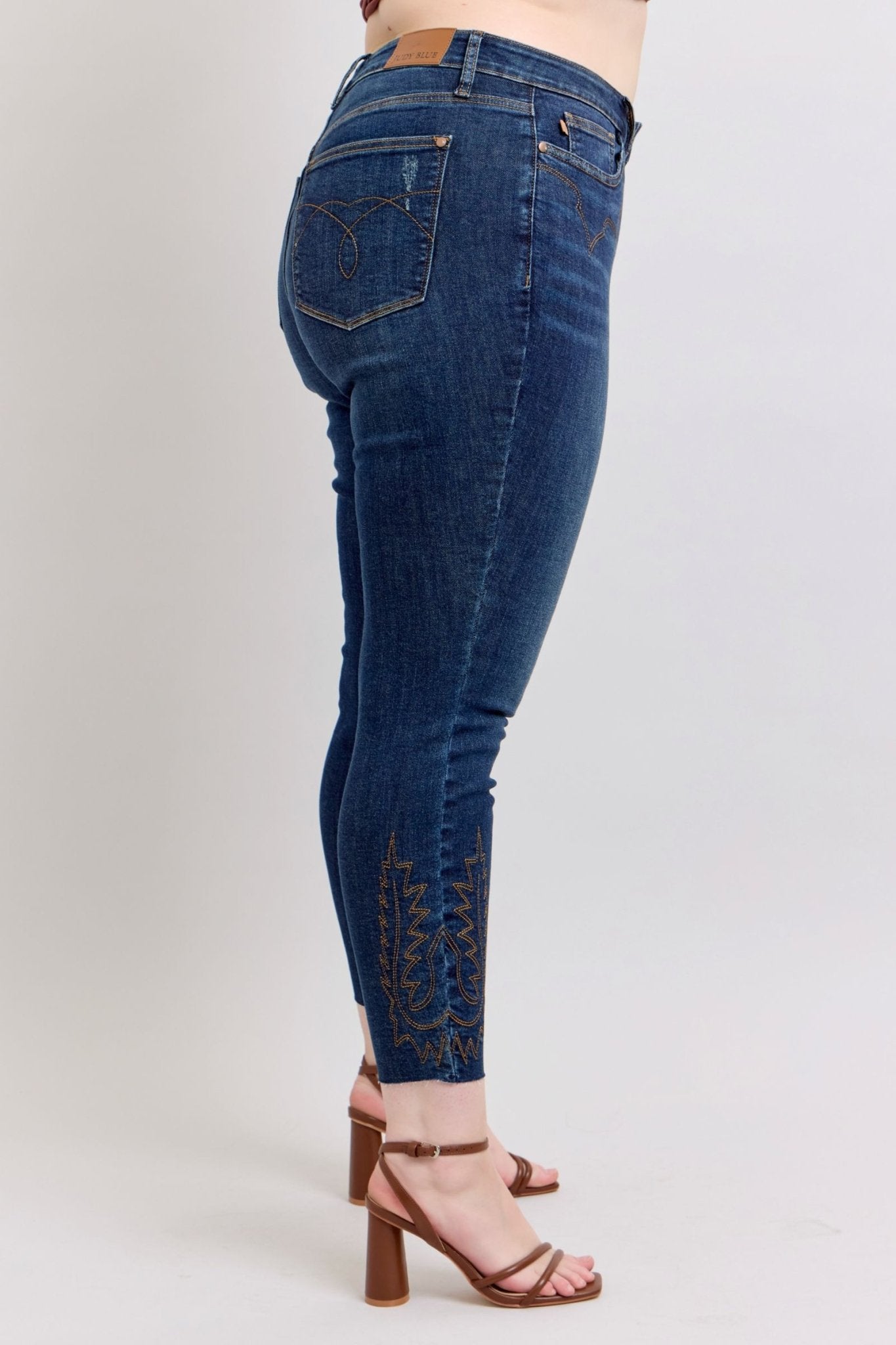 Judy Blue Mid Rise Western Embroidery Detail Skinny Jeans Plus Size - The Bronze Butterfly