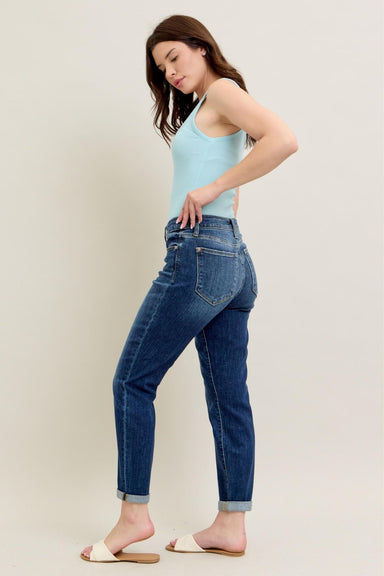 Judy Blue MIDRISE CUFFED BOYFRIEND JEAN DARK WASH - The Bronze Butterfly