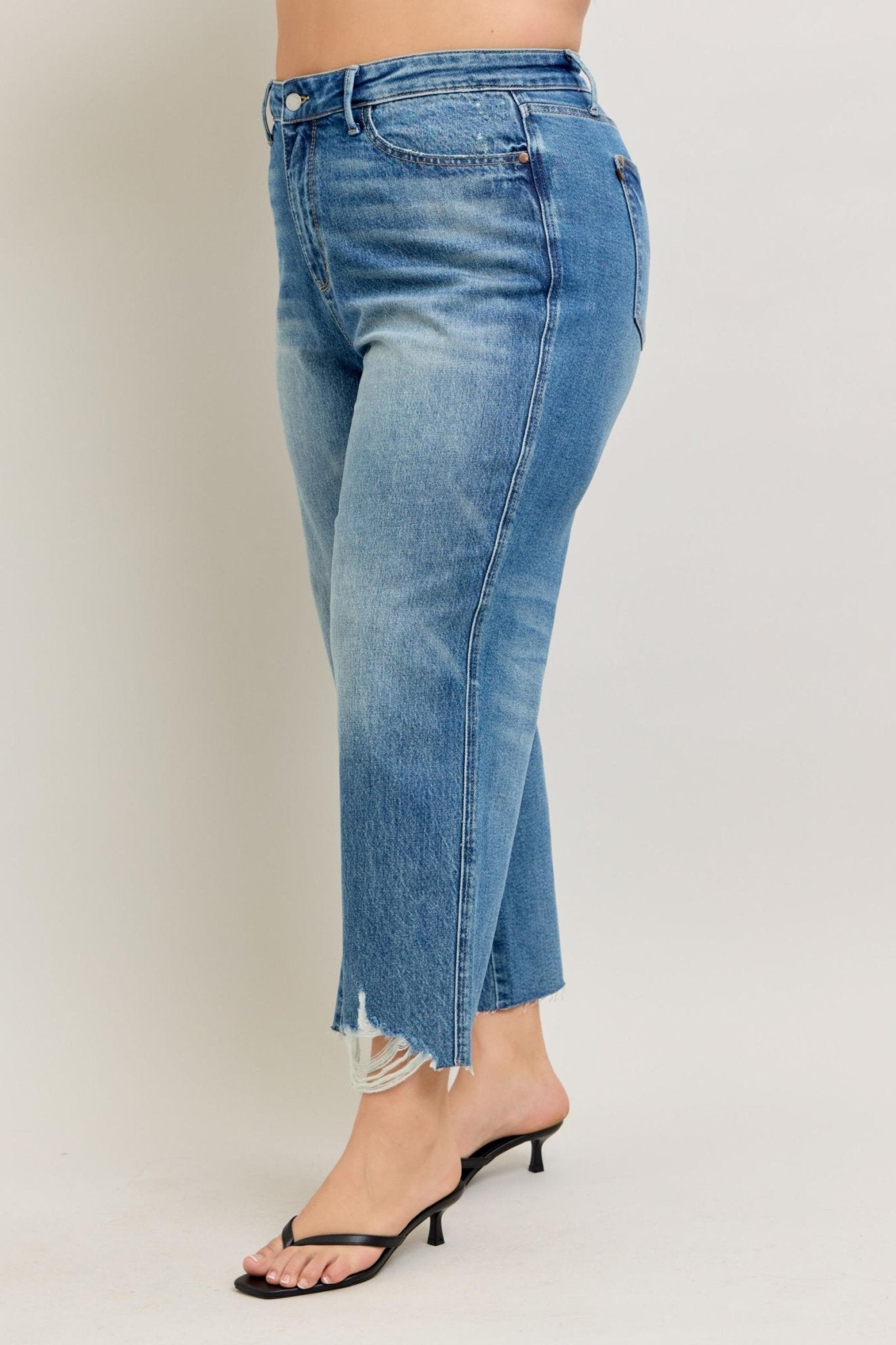 Judy Blue Plus Size High Waist Rigid Magic Destroy Hem Crop Wide - The Bronze Butterfly