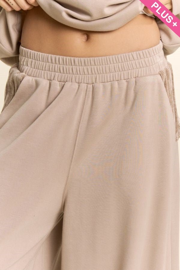 Khaki Beige Chenille-Trim Wide-Leg Lounge Set - The Bronze Butterfly