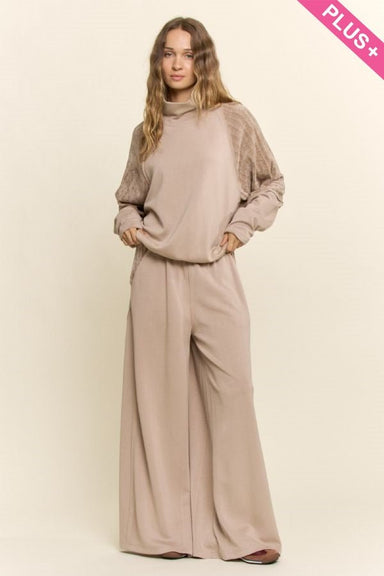Khaki Beige Chenille-Trim Wide-Leg Lounge Set - The Bronze Butterfly