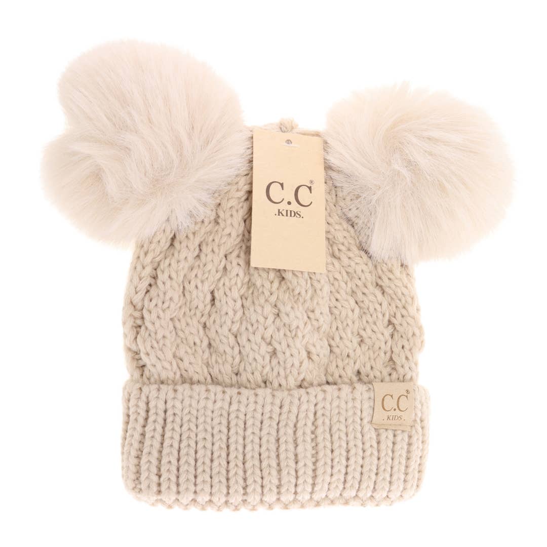 Kids Cable Knit Double Pom Beanie - The Bronze Butterfly