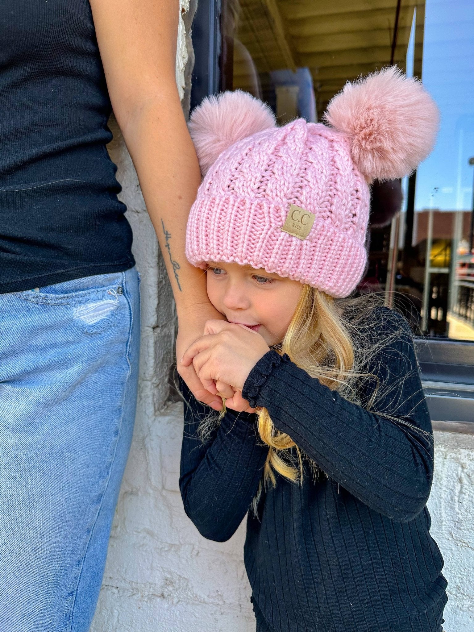 Kids Cable Knit Double Pom Beanie - The Bronze Butterfly