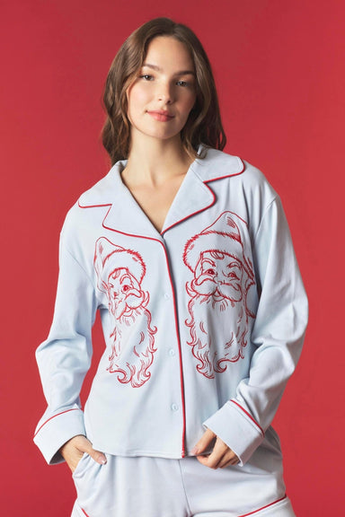 Light Blue Santa Embroidered Knit Pajama Set - The Bronze Butterfly