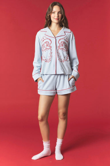 Light Blue Santa Embroidered Knit Pajama Set - The Bronze Butterfly